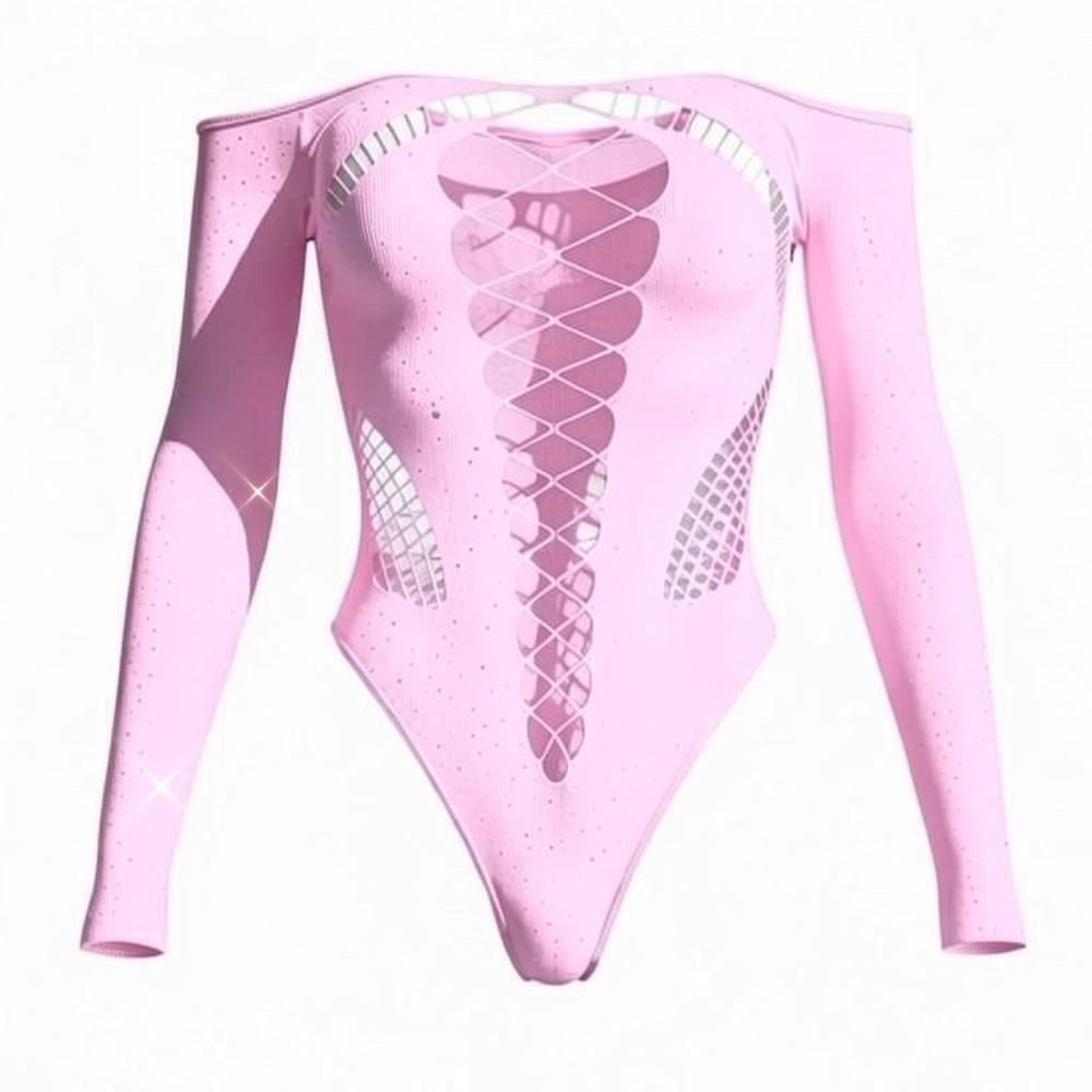 Pastel Pink Rhinestoned Fishnet Bodysuit with Cutouts - EXOTIC DANCEWEAR